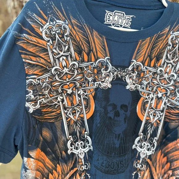 MMA ELITE LONG JOHN SLEEVE DOUBLE LAYERED ANGEL SKULL CROSS TATTOO T SHIRT - Picture 4 of 9